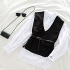 Long-sleeve Plain Shirt / Plain Vest + Faux Leather Belt