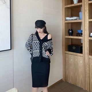 Plain Spaghetti Strap Sheath Dress / Printed V-neck Cardigan