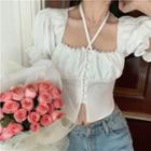 Puff-sleeve Lace-up Cropped Blouse White - One Size