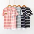 Short-sleeve Embroidered Striped Placket T-shirt