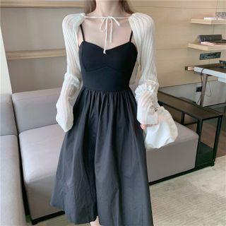 Spaghetti Strap A-line Maxi Dress / Front Knot Ribbed Bolero