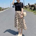 Set: Short-sleeve Knit Top + Midi Dotted A-line Skirt