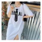Elbow-sleeve Lettering Slit T-shirt Dress