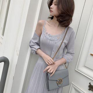 Set: Spaghetti-strap Lace Trim A-line Dress + Cardigan