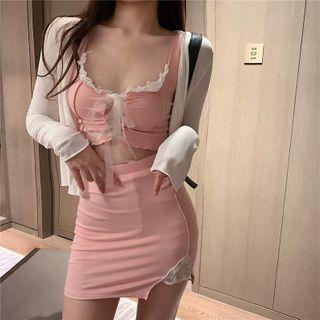 Set: Lace Trim Lace-up Cropped Tank Top + Mini Pencil Skirt