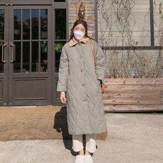 Fleece-collar Long Padded Coat Khaki - One Size