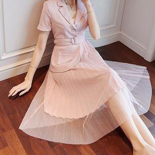 Mock Two-piece Short-sleeve Accordion Pleat Midi A-line Dress