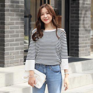 3/4-sleeve Boatneck Stripe Knit Top