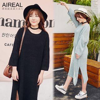 Long-sleeve Slit Knit Midi Dress