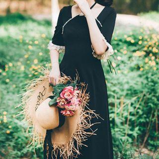Short-sleeve Faux Pearl Lace Trim A-line Midi Dress