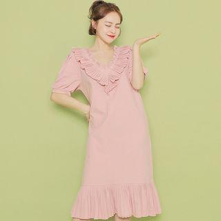 V-neck Pleated-detail Midi Dress