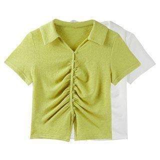 Short-sleeve Collar Shirred Top