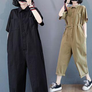 Elbow-sleeve Button-up Cropped Jumpsuit