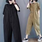 Elbow-sleeve Button-up Cropped Jumpsuit