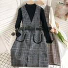 Set: Ribbed Knit Top + Plaid Overall Dress