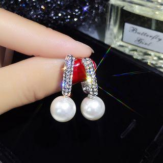 Rhinestone Faux Pearl Dangle Earring 1 Pair - C Shape Rhinestone Pearl - One Size