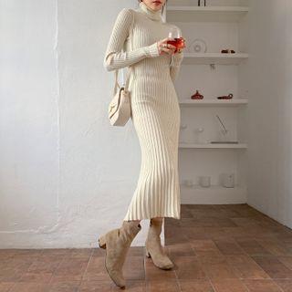 Turtle-neck Ribbed Knit Long Dress