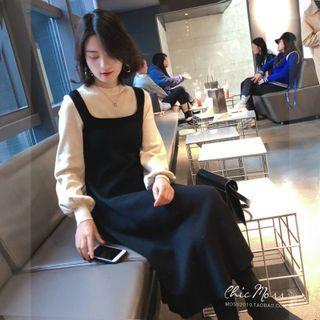 Lantern-sleeve Mock Two-piece Midi A-line Dress