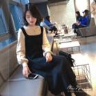 Lantern-sleeve Mock Two-piece Midi A-line Dress
