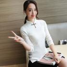 Long-sleeve Keyhole-front Knit Top
