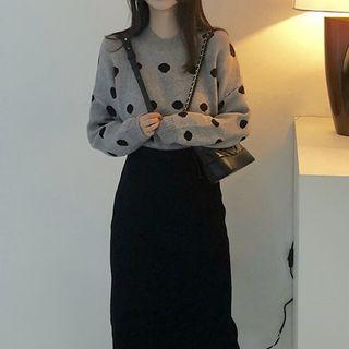 Polka Dot Sweater / Straight Cut Midi Skirt
