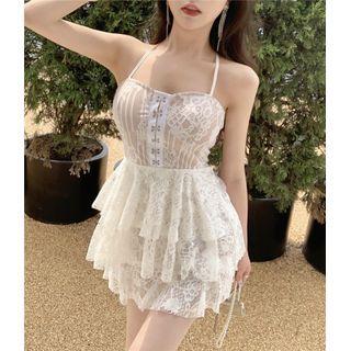 Layered Sleeveless Lace Mini Halter Dress