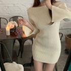Long-sleeve Mini Sheath Knit Dress White - One Size