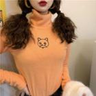 Turtleneck Cat Embroidered Long-sleeve Top