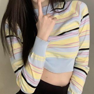 Striped Crop Knit Top Stripe - Blue & Yellow & Purple - One Size