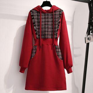 Plaid Panel Mini Knit Hoodie Dress