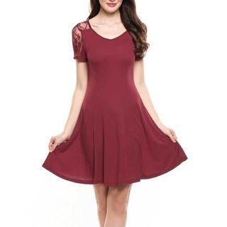 Lace Panel Plain Short-sleeve Mini A-line Dress