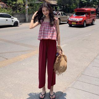 Wide-leg Pants With Drawstring Wine Red - One Size