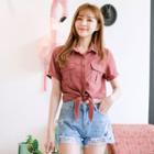 Short-sleeve Dual Pocket Tie-hem Shirt