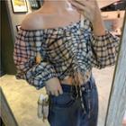 Long-sleeve Plaid Cropped Top Plaid - Yellow & Blue - One Size