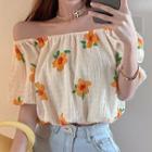 Puff-sleeve Off-shoulder Floral Blouse Almond - One Size