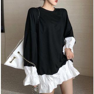 Ruffled-trim Colorblock Long Top Black - One Size