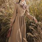 Puff-sleeve Fluffy Collar Midi A-line Dress