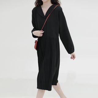 Collared Balloon-sleeve Accordion Pleat A-line Dress