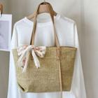 Lace Bow-accent Straw Tote Bag