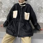Contrast Trim Oversize Faux Leather Zip Jacket Black - One Size