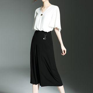 Set: Short-sleeve Blouse + Cropped Wide Leg Pants