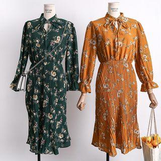 Tie-neckline Pleated Floral Chiffon Dress