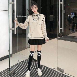 Long-sleeve Plaid Shirt / Contrast Trim Knit Vest / A-line Mini Pleated Skirt / Set
