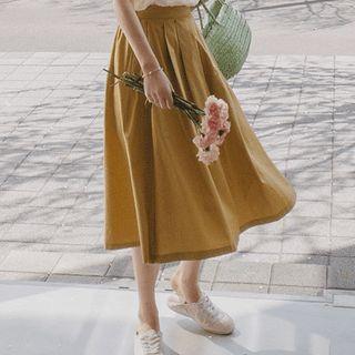 Pocket-side Pleated Midi Skirt Mustard Yellow - One Size