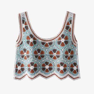 Flower Crochet Crop Tank Top Light Blue & Coffee - One Size