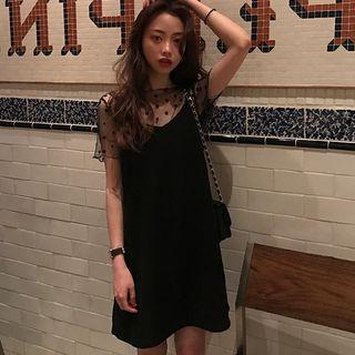Set: Short-sleeve Polka Dot Mesh Top + Spaghetti Strap Dress