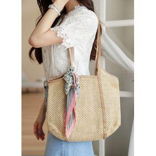Faux-leather Trim Woven Tote Bag With Pouch