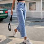 Fringed Hem Beaded Accent Cropped Straight Leg Jeans