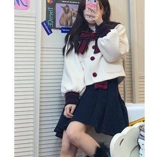 Set : Navy Collar Cropped Jacket + Bow Accordion Pleat Skirt