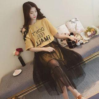 Set: Lettering Short-sleeve T-shirt Dress + Mesh Skirt